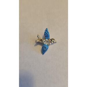 Blue Bird Lapel Pin Gold Tone Enamel Rhinestone Mini Tack Costume Jewelry Bird